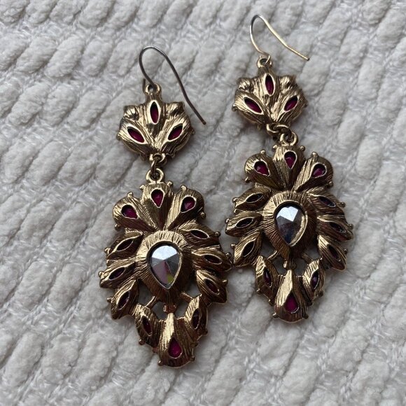 Statement Pink Bead & Gold-Tone Drop Earrings With Hook Closure - Picture 2 of 3